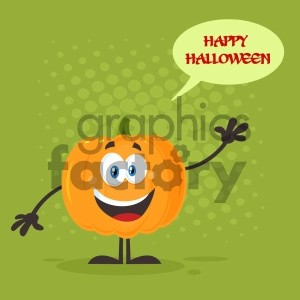 Happy Orange Pumpkin Vegetables Cartoon Emoji Character Waving For Greeting Vector Illustration Flat Design Style With Background Speech Bubble And Text Happy Halloween