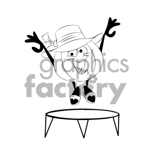 black and white cartoon beach ball character jumping on a trampoline