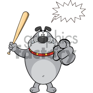 Royalty Free RF Clipart Illustration Angry Gray Bulldog Cartoon Mascot Character Holding A Bat And Pointing Vector Illustration Isolated On White Background With Speech Bubble