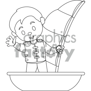 black and white coloring page boy on a boat vector illustration