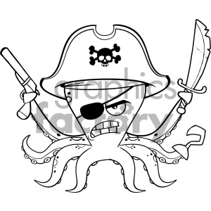 Royalty Free RF Clipart Illustration Black And White Angry Pirate Octopus Cartoon Mascot Character With A Sword Gun And Hook Vector Illustration Isolated On White Background