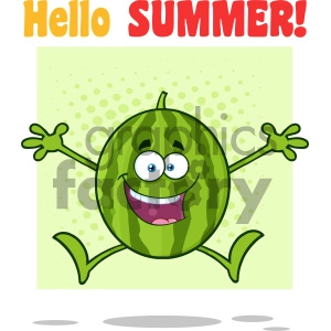 Royalty Free RF Clipart Illustration Happy Green Watermelon Fruit Cartoon Mascot Character Jumping Vector Illustration With Halftone Background And Text Hello Summer