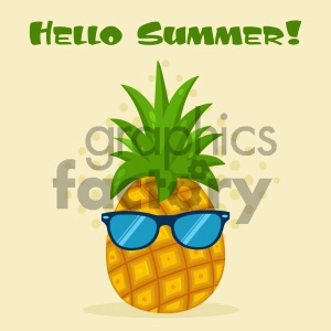 Royalty Free RF Clipart Illustration Pineapple Fruit With Green Leafs And Sunglasses Flat Simple Design Vector Illustration With Background And Text Hello Summer