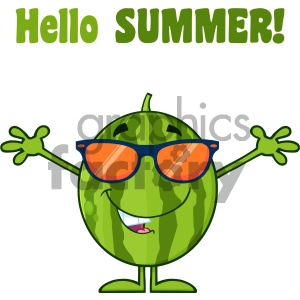 Royalty Free RF Clipart Illustration Smiling Green Watermelon Fresh Fruit Cartoon Mascot Character With Sunglasses And Open Arms Vector Illustration Isolated On White Background With Text Hello Summer