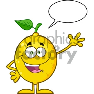 Royalty Free RF Clipart Illustration Happy Yellow Lemon Fresh Fruit With Green Leaf Cartoon Mascot Character Waving For Greeting With Speech Bubble Vector Illustration Isolated On White Background
