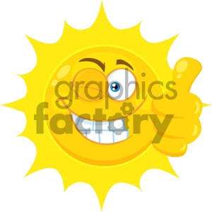 Royalty Free RF Clipart Illustration Smiling Yellow Sun Cartoon Emoji Face Character With Wink Expression Giving A Thumb Up Vector Illustration Isolated On White Background