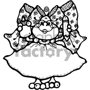 This is a black and white line drawing of a stylized frog. The frog is depicted in a whimsical style, with a large, rounded body, pronounced eyes with a cartoonish expression, and patterns including swirls and dots decorating its limbs. The frog's front limbs are spread out, and it appears to be in a sitting position with its hind legs and feet visible beneath its belly.