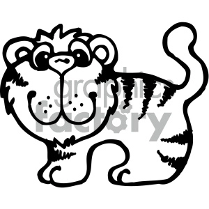 This clipart image depicts a stylized drawing of a tiger. The tiger is represented in a simple black and white outline with characteristic stripes, a tail, and a playful facial expression.