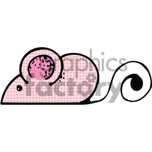 This is a stylized, cartoon-like clipart image of a pink and gingham-patterned mouse. The mouse has a large round body, oversized ears with a visible swirling pattern on the inner ear, and a large, circular eye with a prominent black pupil. Additional features include a tiny nose, whiskers, and a tail that curls at the end.