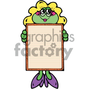 This image depicts a colorful anthropomorphic frog holding a lined rectangular board with a complete alphabet around its border. The frog has a yellow hair-like structure, green skin, pink cheeks, large glasses with black rims, and is showing an expression that suggests it's happy or excited. The frog is sitting with its purple and green legs showing at the bottom and is holding the board with both hands.