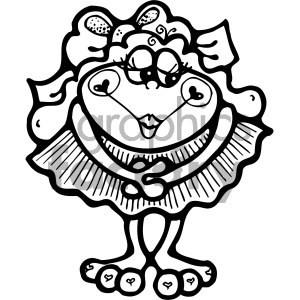 The image is a black and white line drawing of a whimsical, cartoon-style frog. The frog is depicted with exaggerated features like large eyes with lashes, a bow on its head, and a ruffled collar. It is standing upright with its hands clasped in front of it and has small hearts on its feet.
