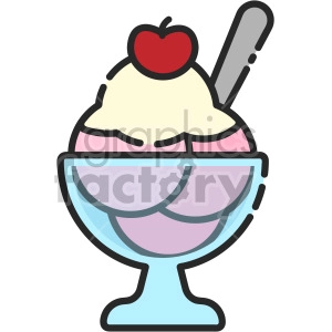 The clipart image depicts an ice cream sundae in a glass dish with three scoops of ice cream, whipped cream, and a cherry on top. It is a visual representation of an icon or symbol commonly used to represent ice cream sundaes in various contexts, such as promotions, advertisements, or menus.
