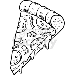 The clipart image shows a black and white vector illustration of a slice of pizza, with shading to indicate depth and texture. The pizza slice has visible toppings of cheese and pepperoni, and the crust is shown with a jagged edge.
