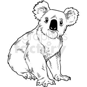The clipart image shows a black and white, realistic vector illustration of a koala bear. The koala is depicted in a seated position, facing forward, with its arms hanging down and its large ears visible on either side of its head. The illustration is highly detailed, capturing the texture of the koala's fur and the shape of its facial features.
