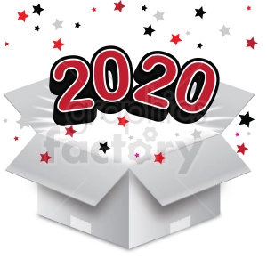 This clipart image features a bold, stylized representation of the year 2020 bursting out from an open box. The numbers are black with a red outline, and they create a three-dimensional effect by appearing to pop out. Around the numbers, there are decorative elements including red and black stars of various sizes scattered across the image, suggesting a festive or celebratory theme, typically associated with New Year's celebrations. The open box suggests the idea of the new year being an unveiling or a surprise ready to be discovered.