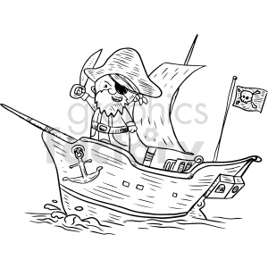 The clipart image depicts a black-and-white cartoon illustration of a pirate ship. The ship has a mast with a sail, and is flying the Jolly Roger flag typically associated with pirates. The ship has several decorative elements, including a skull and crossbones symbol on the front.
