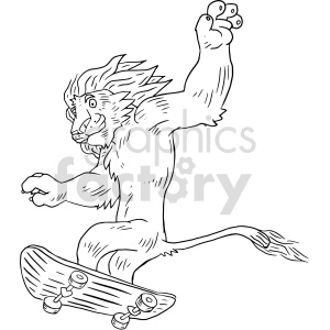 The image is a black and white clipart illustration of a lion riding a skateboard. The lion appears to be in action, with one paw on the skateboard and the other raised high in the air as if balancing or performing a trick.