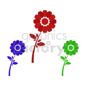 The image shows a group of flowers of various colors, including green, blue, and red. The red flower is the biggest 