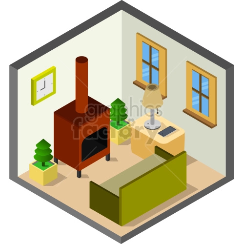 isometric room with wood burner vector clipart