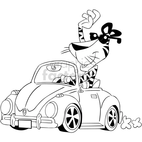 black and white cartoon tiger driving red car clipart