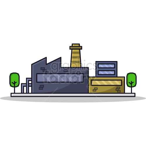 The clipart image shows a factory complex with multiple buildings. The buildings appear to be industrial and have smokestacks, pipes, and other features typically associated with manufacturing facilities.
