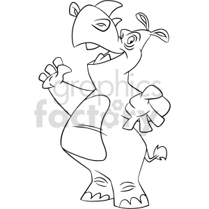 The clipart image depicts a cartoon-style rhinoceros facing towards the viewer with its head slightly tilted and its mouth open. It has two small ears on top of its head, two curved horns on its nose, and wrinkled skin texture indicating its characteristic tough hide. 