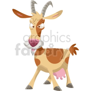 The clipart image shows a cartoon goat, with a brown body, standing on four legs. The goat has two curved horns on its head and two pointy ears. Its eyes are black and it appears to be looking straight ahead. It is smiling with an open mouth, showing its tongue.
