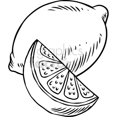 The clipart image shows a black and white drawing of a lemon, which is a type of citrus fruit commonly used for cooking and flavoring food and drinks.

