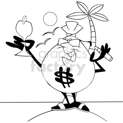 black and white cartoon money bag character on vacation
