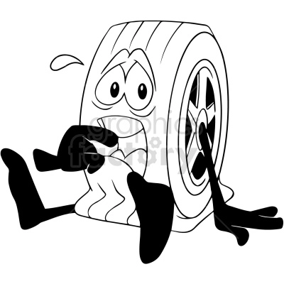 black and white flat tire cartoon vector