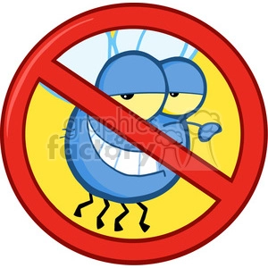The clipart image depicts a comical, anthropomorphized blue fly with a frowning face and a prominent proboscis. It is portrayed inside a red no symbol, which is a circle with a diagonal line, indicating a prohibition or a no flies sign. The background is yellow, enhancing the visibility of the prohibition symbol and the blue fly.