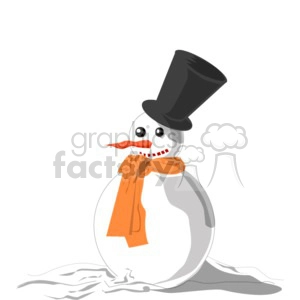 The clipart image features a smiling snowman decorated with holiday accessories. The snowman has a tall black top hat, black dots for eyes, a long orange carrot for a nose, a red and white striped scarf around its neck, and a friendly smile. It appears to be standing on a flat snowy ground.