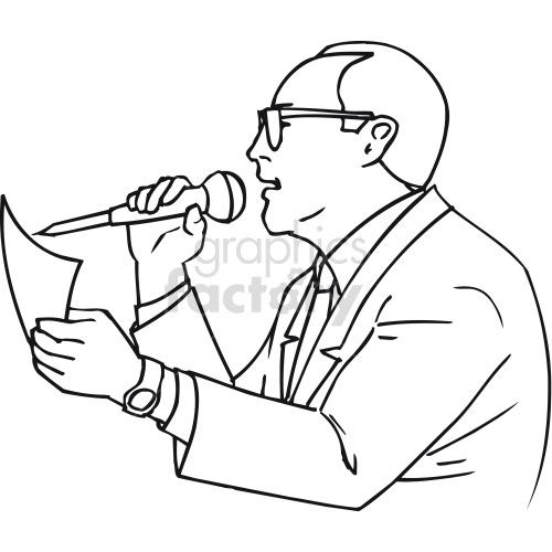 man speaking on microphone black white