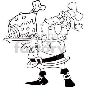 black and white cartoon santa holding dinner for christmas coloring page