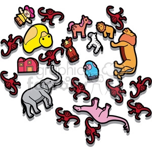 The clipart image shows a messy room filled with various toys scattered all over the place. The floor is covered with toys such climbing monkeys and other animals.
