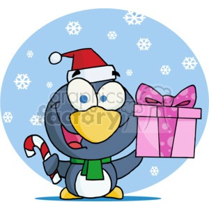 cartoon penguin holding a pink present