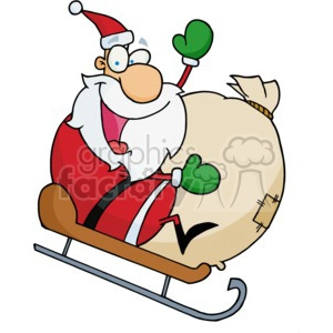 cartoon Santa riding a sled down a hill
