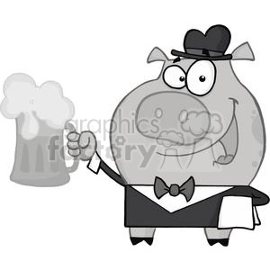 Waiter Pig with Beer in Grayscale