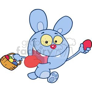 Blue easter bunny running with a basket of eggs