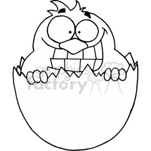 The clipart image depicts a cartoonish chick hatching out of an egg. The chick appears to be amused or surprised, with exaggerated facial features, such as large eyes and an open beak. It's a simplistic black and white outline suitable for coloring.