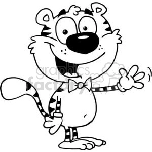 The clipart image shows a whimsical cartoon character that appears to be a tiger. The character is standing upright like a human and has a big, cheerful smile on its face. The tiger is waving with one hand and has a bow tie around its neck, adding to its funny and approachable appearance. Its tail has stripes, and it has spots on its chest, suggesting a playful take on a tiger's appearance.
