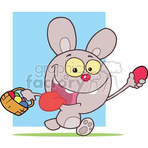 Excited Easter Rabbit Running And Holding Up An Egg And Carrying A Basket