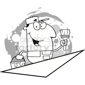 The clipart image features a humorous cartoon character of a painter. The character appears to be very content and is wearing a painter's outfit with a cap. He is holding a dripping paintbrush in one hand, while the other hand is dipping into a bucket of paint. Behind him, there is a splotchy, incomplete painting on a wall, suggesting he is in the midst of a painting task.