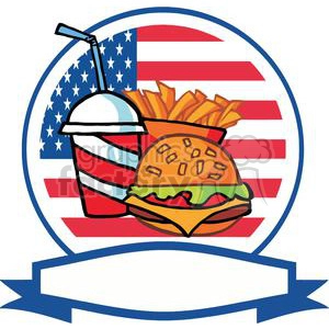 Banner Of A Cheeseburger Drink And French Fries In-Front Of Flag Of USA