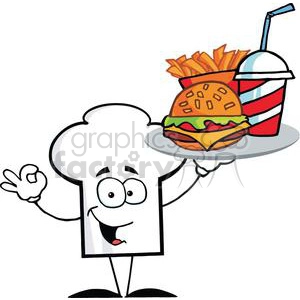 Cartoon Chefs Hat Character Holder Plate Of Hamburger And French Fries