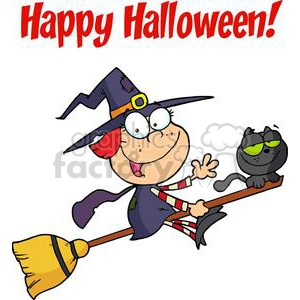 Happy Halloween Greeting with Little witch and black cat on a broom