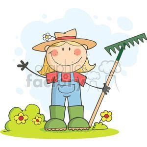 Farmer girl with a rake in grass with flowers