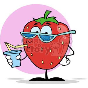 Cartoon strawberry drinking a drink with pink background