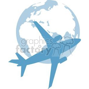 The clipart image shows an airplane flying around the Earth, with the plane and the Earth both depicted as stylized cartoonish images with simplified shapes and in different shades of blue. The image represents the concept of air travel and the ability to circumnavigate the globe by plane.

