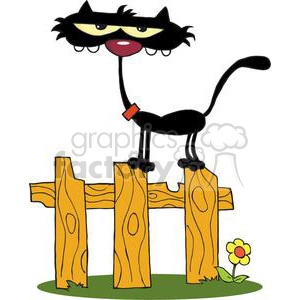 The clipart image features a humorous depiction of a black cat with exaggerated facial features, including large, drooping eyes and a prominent red tongue. The cat is standing atop a wooden fence with three panels, its tall, curved black tail in the air, and a small, vibrant flower is positioned at the base of the fence on the grass to the right.